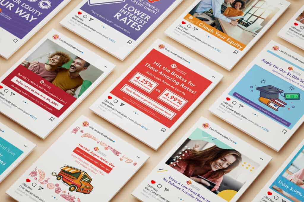 mockup of multiple social media posts made for civic central credit union
